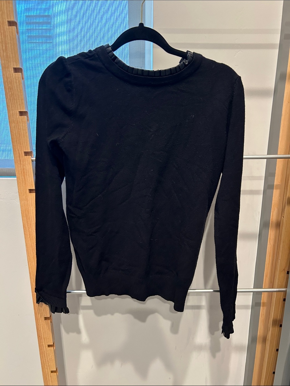 Black Long-Sleeve with leather  Ruffle Trim Women's Top